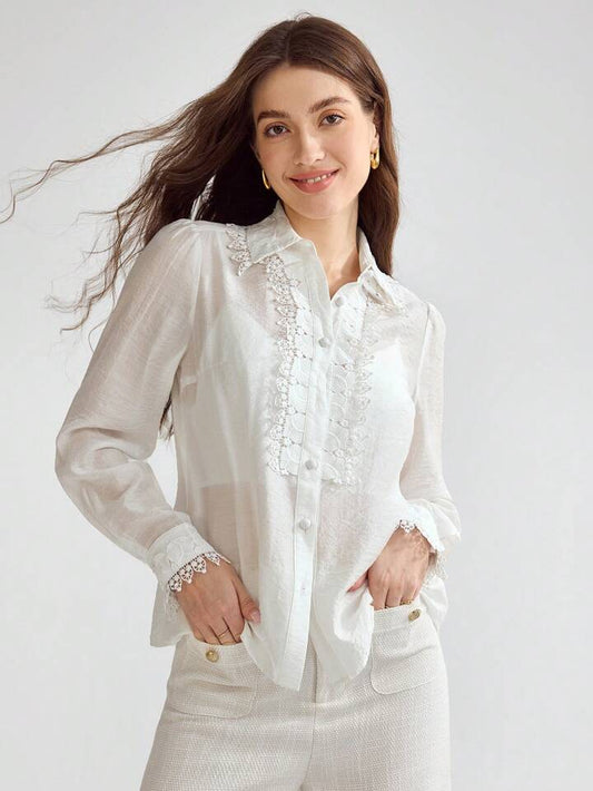 CM-TS697741 Women Elegant Seoul Style Collar Neckline Guipure Lace Trim Button Front Shirt - White