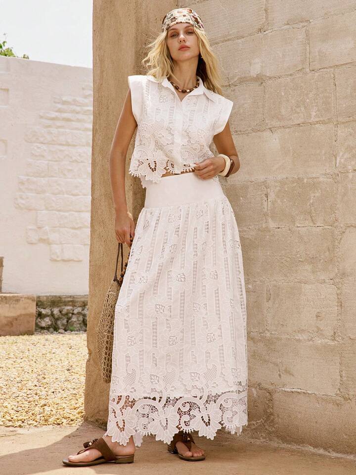 CM-SS644288 Women Trendy Bohemian Style All-Over Hollow Floral Pattern Lapel Cropped Shirt With Maxi Skirt - Set