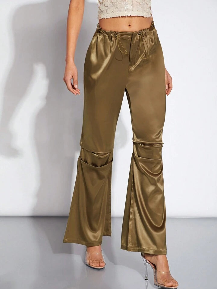 CM-BS322598 Women Elegant Seoul Style Drawstring Waist Pleated Satin Pants - Olive Green