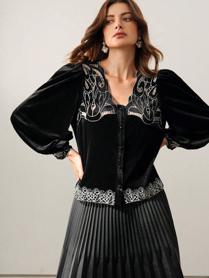 CM-TS192317 Women Elegant Seoul Style V-Neck Lantern Sleeve Velvet Hollow Embroidery Belted Blouse - Black