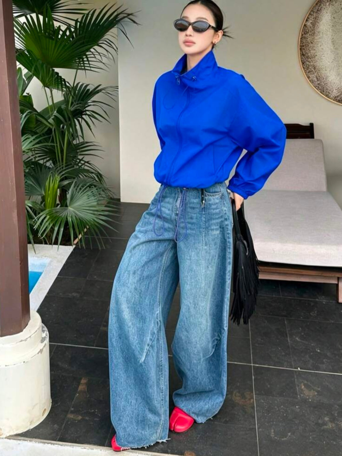 CM-CS788067 Women Casual Seoul Style Drawstring Collar Loose Fit Short Lightweight Jacket - Blue