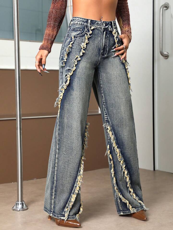 CM-BS180850 Women Casual Seoul Style Drop Waist Raw Trim Loose Wide Leg Jeans - Blue