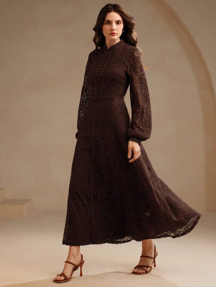CM-DS200661 Women Elegant Seoul Style Lace Mandarin Collar Long Sleeve A-Line Dress - Brown
