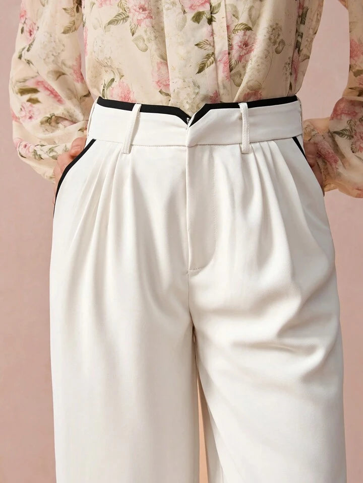 CM-BS976726 Women Casual Seoul Style Contrast Trim Slant Pocket Wide Leg Pants - Apricot
