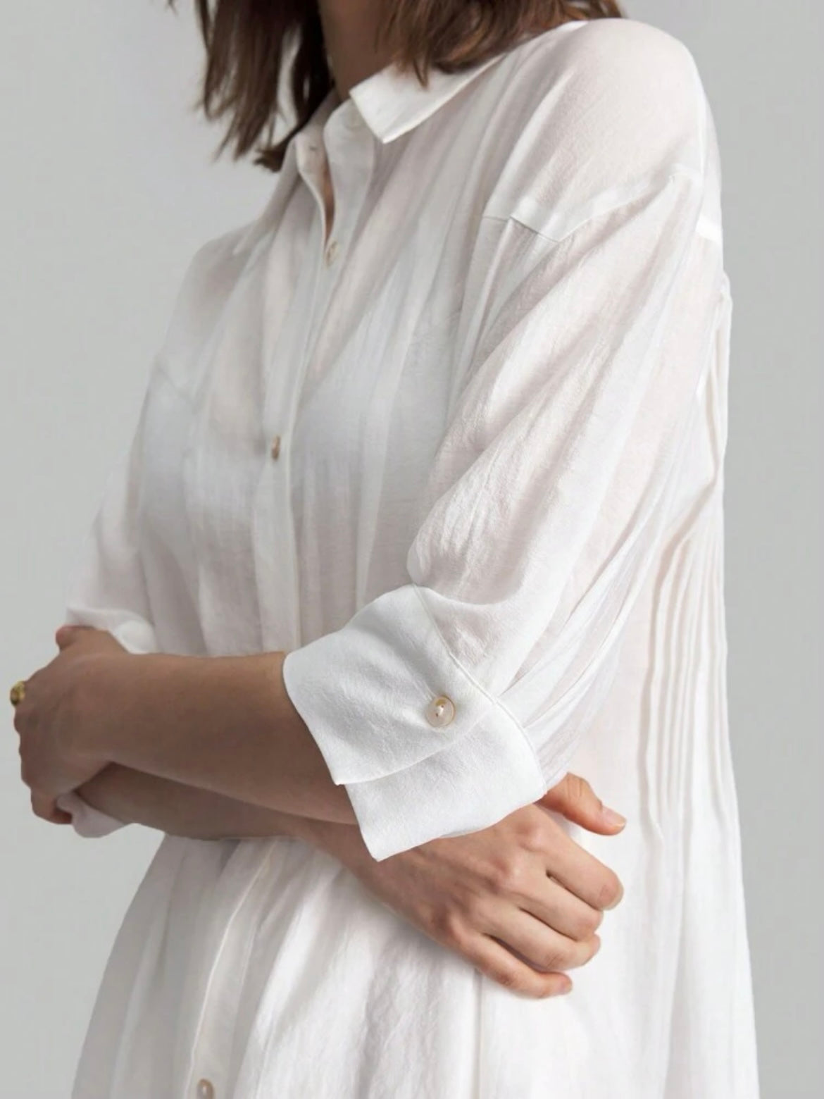 CM-TS582370 Women Casual Seoul Style Drop-Shoulder Long-Sleeve Half-Transparent Split Long Shirt