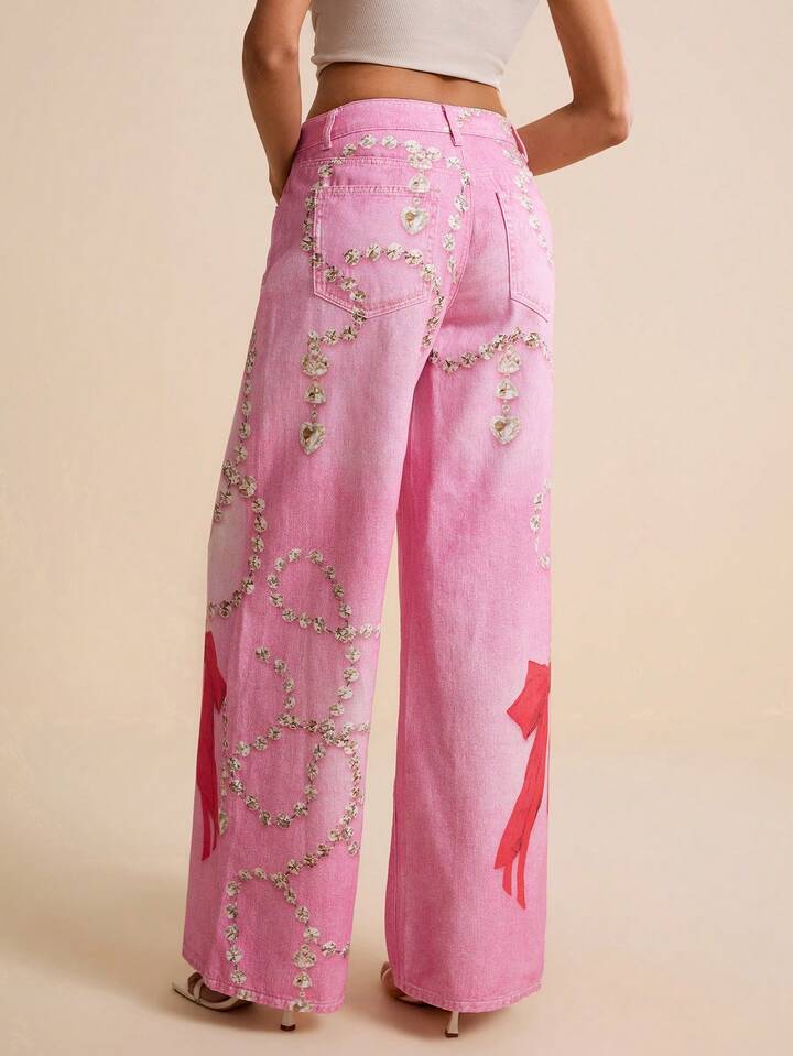 CM-BS460311 Women Casual Seoul Style Low Waist Diamond Necklace Butterfly Print Wide Leg Denim Pants - Pink