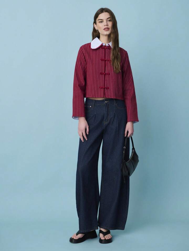 CM-CS486945 Women Casual Seoul Style Chinese Style Knotted Buttons Striped Long-Sleeve Fitted Jacket - Red