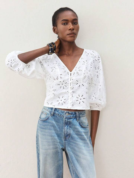 CM-TS190360 Women Trendy Seoul Style V-Neck Front Button Embroidery Hollow Out Lantern Sleeve Blouse - White