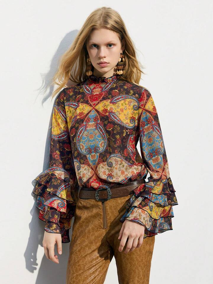 CM-TS979228 Women Trendy Bohemian Style Stand Collar Floral Print Bell Sleeve Layered Blouse