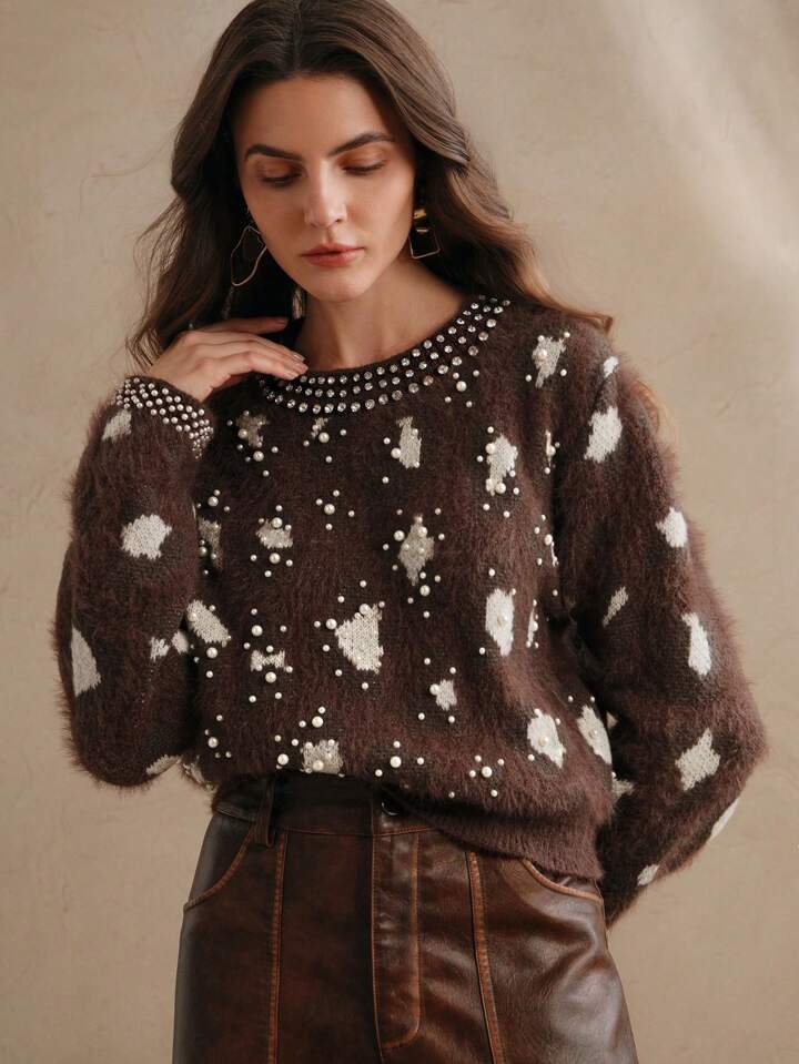 CM-CS247511 Women Casual Seoul Style Leopard Print Embellished Studded Fluffy Knit Sweater - Coffee Brown