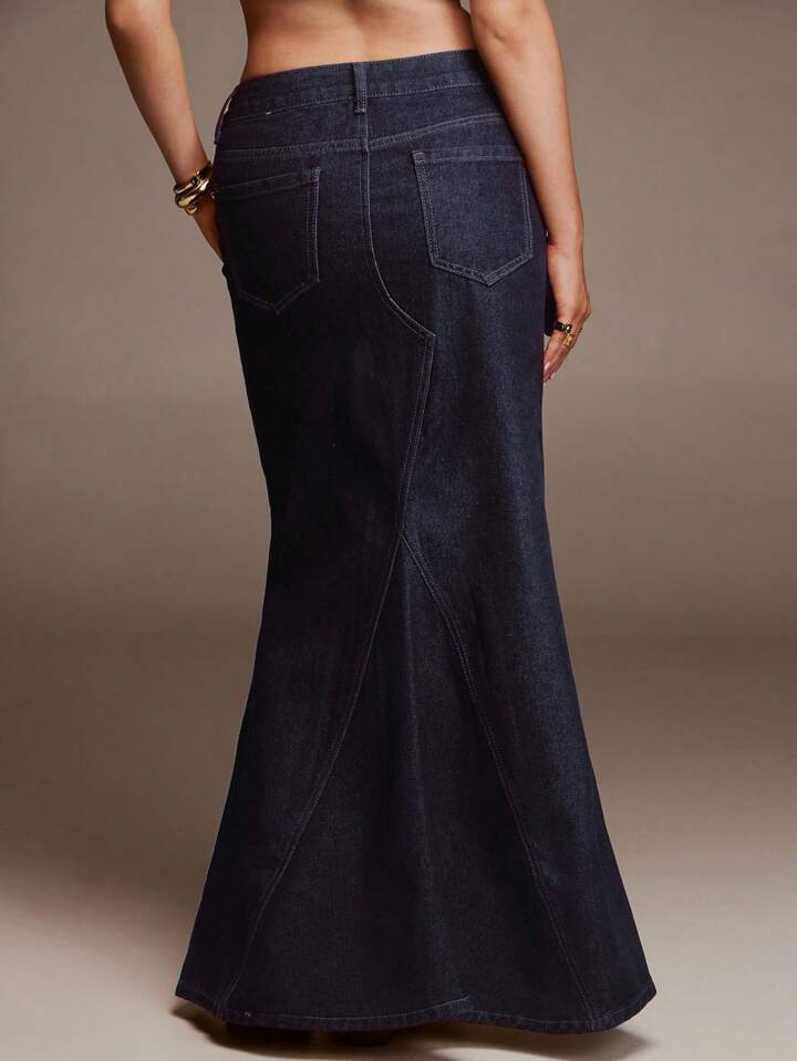 CM-BS368665 Women Casual Seoul Style Low Waist A-Line Fishtail Denim Skirt - Blue