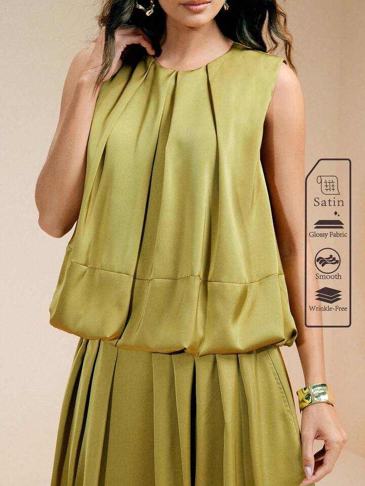 CM-SS530092 Women Elegant Seoul Style Round Neck Pleated Sleeveless Top With High Waist Peplum Skirt - Set