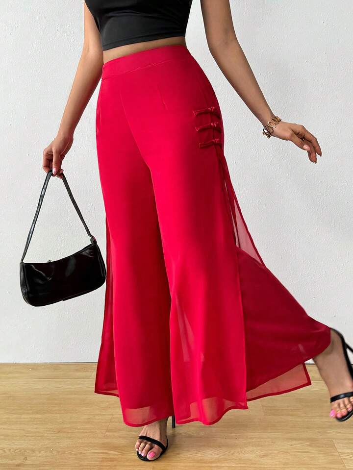 CM-BS947715 Women Casual Seoul Style Elastic Waist Flowy Chiffon Split Wide Leg Pants - Red