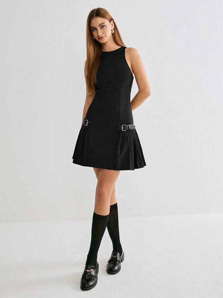 CM-DS443316 Women Casual Seoul Style Round Neck Sleeveless Belt Decor Pleated Hem Mini Dress - Black