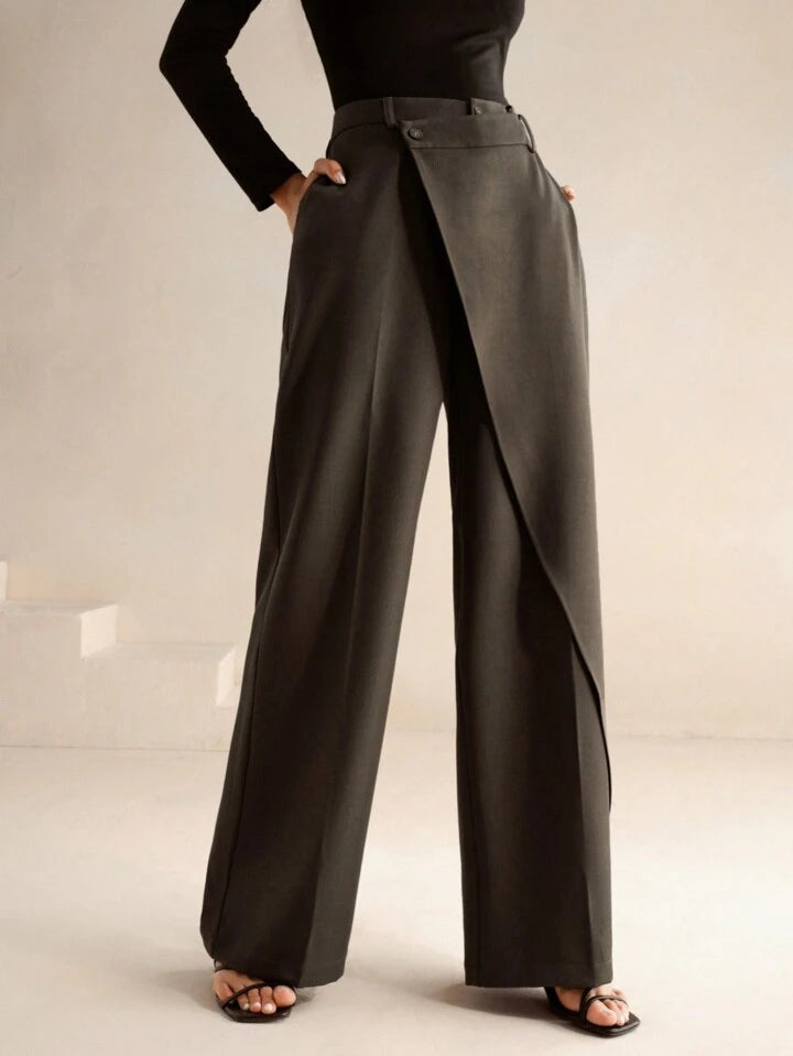 CM-BS888663 Women Elegant Seoul Style Asymmetrical Draping Cross-Wrap Pockets Straight-Leg Pants - Gray