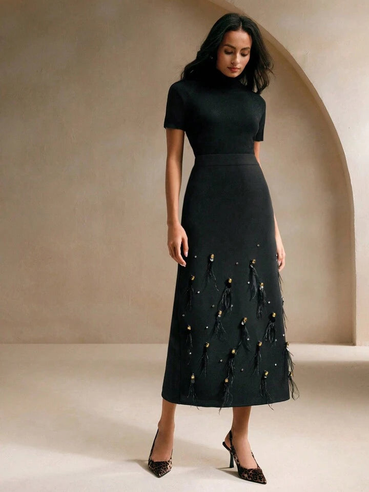 CM-BS606440 Women Elegant Seoul Style Beaded And Rhinestone Decor Feather A-Line Skirt - Black