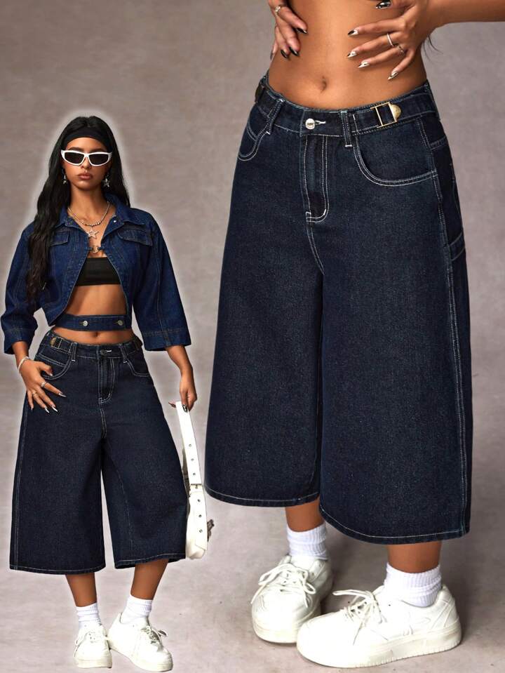CM-BS097273 Women Casual Seoul Style Pocketed Wide Leg Loose Capri Denim Jeans - Blue