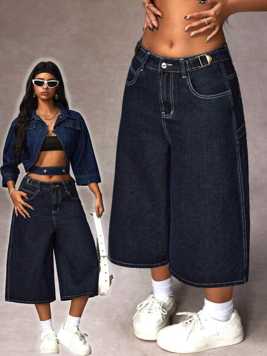 CM-BS097273 Women Casual Seoul Style Pocketed Wide Leg Loose Capri Denim Jeans - Blue