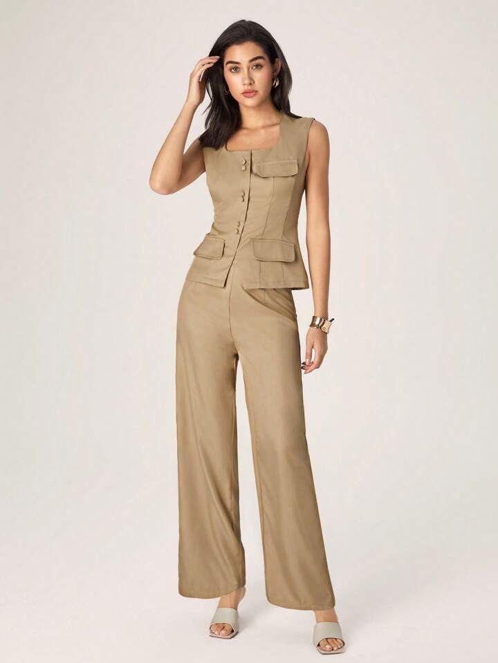 CM-SS846945 Women Elegant Seoul Style Solid Color Single-Breasted Square Collar Vest With Pants - Rust Brown