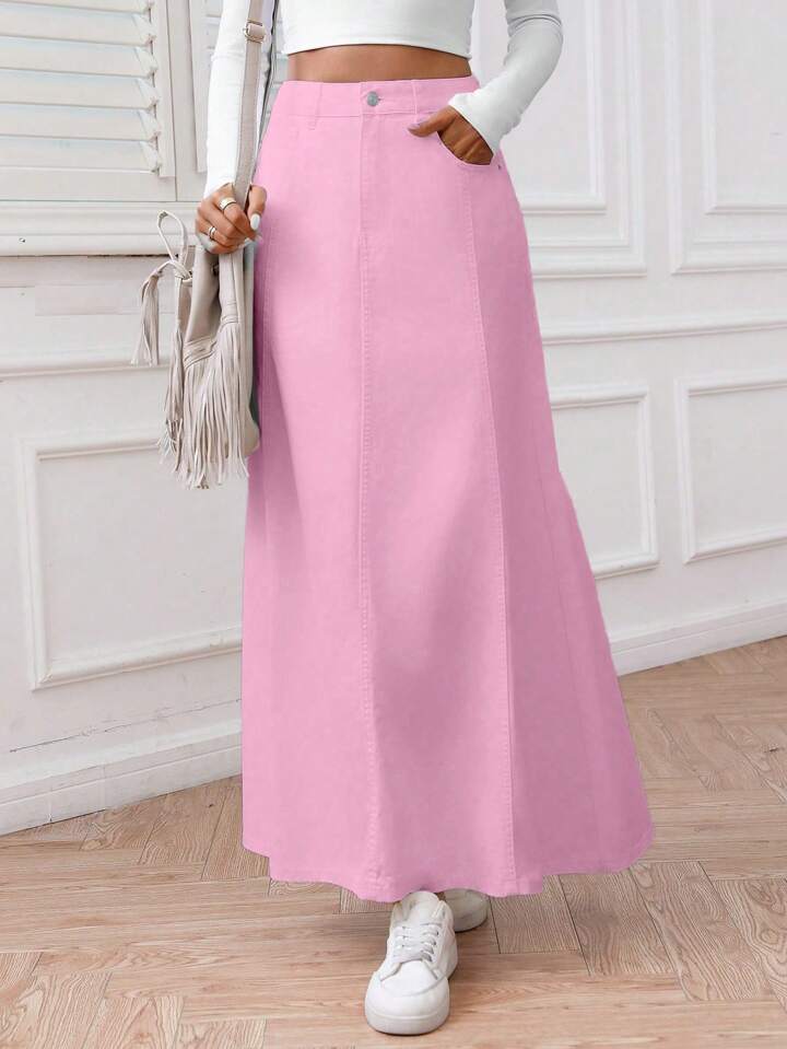 CM-BS696212 Women Casual Seoul Style Solid Color Front Button Pocket Denim Midi Skirt - Pink