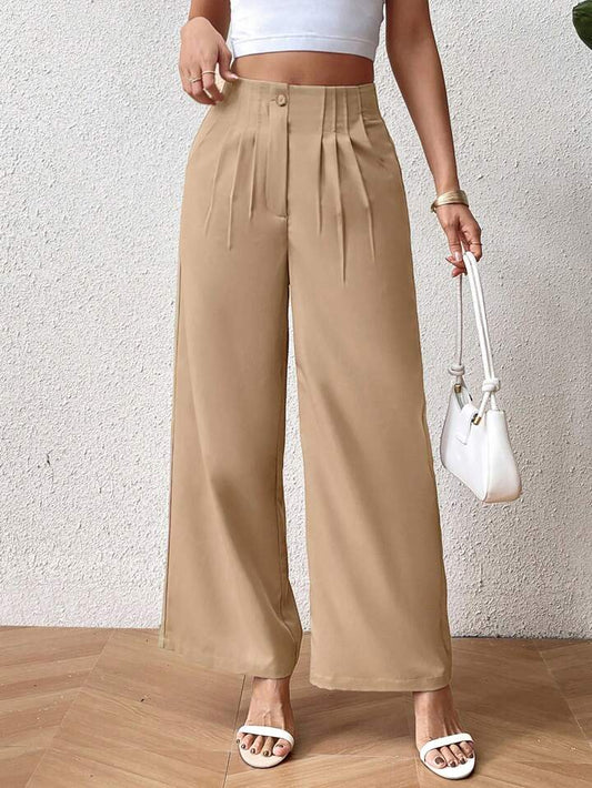 CM-BS009023 Women Casual Seoul Style Solid Color High Waist Pleated Wide Leg Pants - Khaki