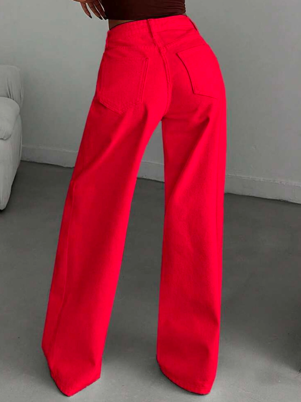 CM-BS216874 Women Casual Seoul Style High-Waisted Wide-Leg Denim Jeans - Red