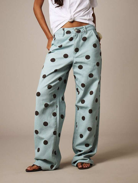 CM-BS518417 Women Casual Seoul Style Low Waist Polka Dot Print Straight Leg Jeans - Light Blue