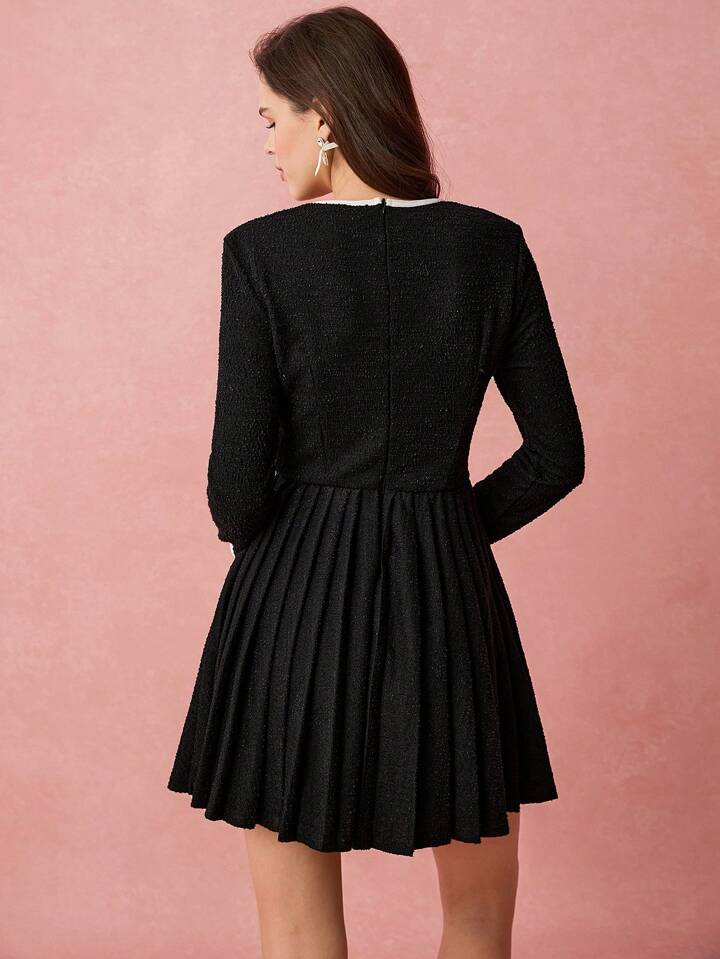 CM-DS901020 Women Elegant Seoul Style Bow Decor Round Neck Long Sleeve Pleated Hem Mini Dress - Black