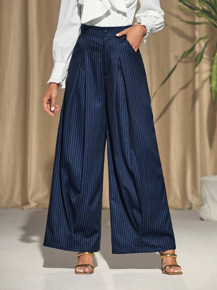 CM-BS482184 Women Elegant Seoul Style Wide Leg Chevron Pleated Pants - Blue