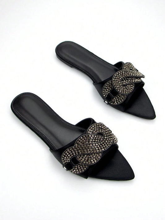 CM-SHS613330 Women Trendy Seoul Style Satin Rhinestone Decor Slide Sandals - Black