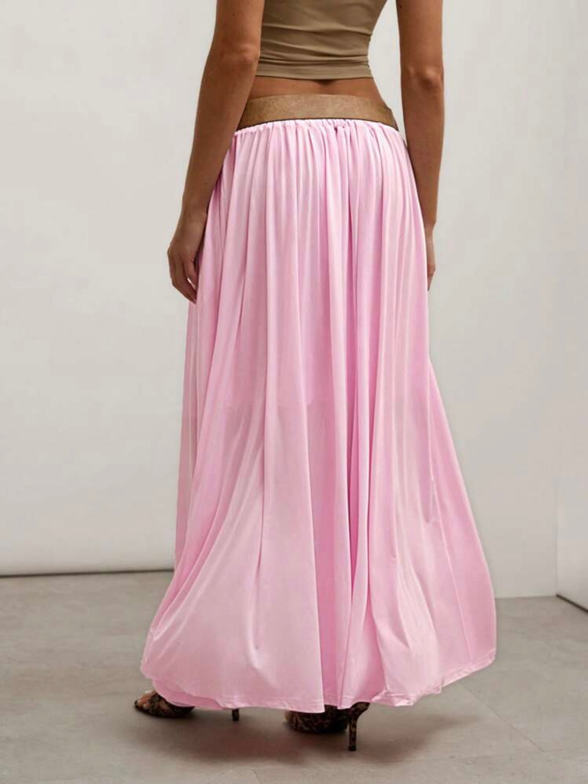 CM-BS232626 Women Trendy Bohemian Style Solid Color Waistband Flared Maxi Skirt - Baby Pink