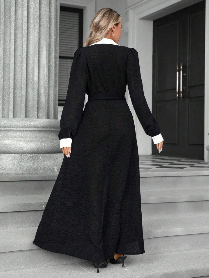 CM-DS489444 Women Elegant Seoul Style Color Block Waist Flattering Long Sleeve Dress