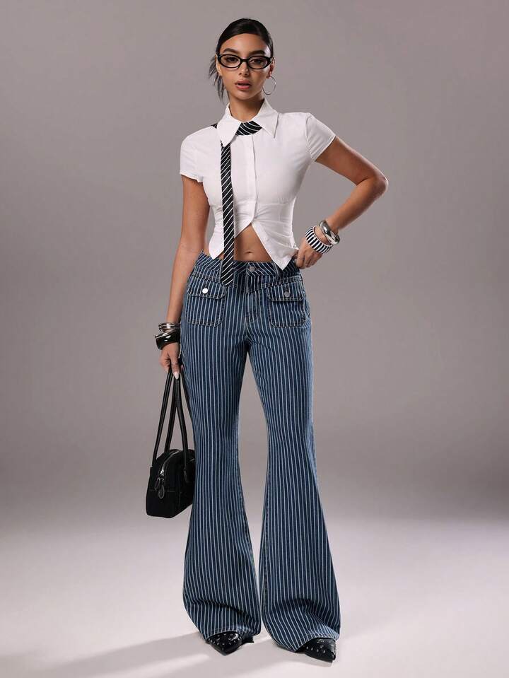 CM-BS658582 Women Casual Seoul Style Medium Wash Striped Patch Pocket Low Waist Flare Jeans