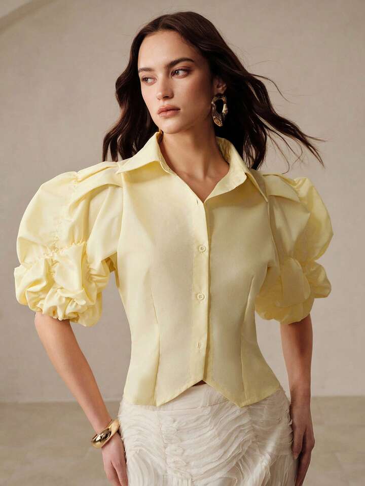 CM-TS143944 Women Elegant Seoul Style Lapel Collar Puff Sleeve Shirred Waist Cinched Short Asymmetrical Hem Blouse