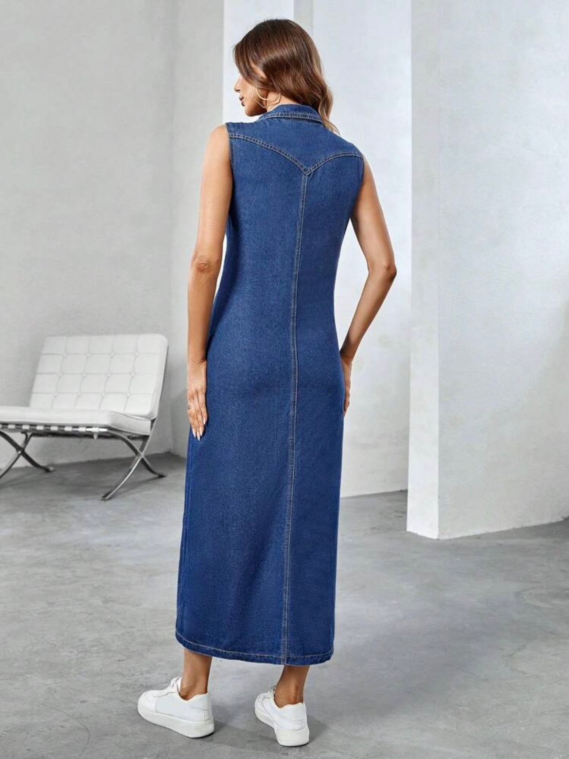 CM-DS254129 Women Casual Seoul Style Sleeveless Flap Pocket Button Front Denim Dress - Blue