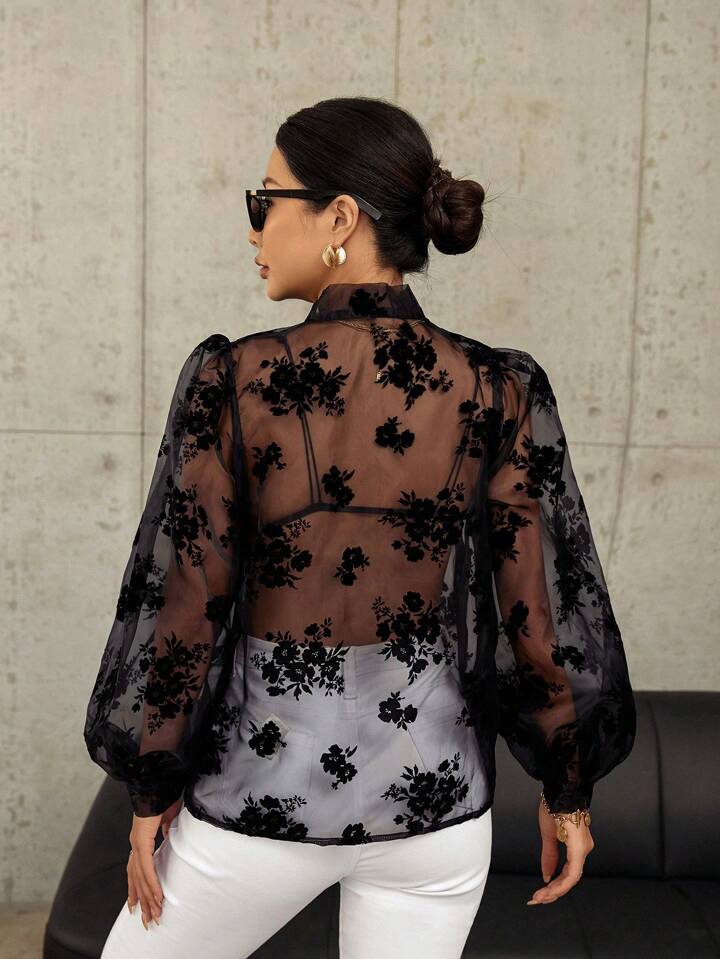 CM-TS286573 Women Trendy Bohemian Style Velvet Tie Neck Long Sleeve Shirt - Black