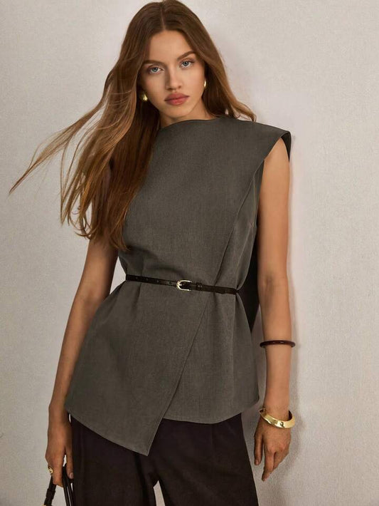 CM-TS980762 Women Elegant Seoul Style Stand Collar Sleeveless Asymmetric Hem Loose Blouse - Dark Green