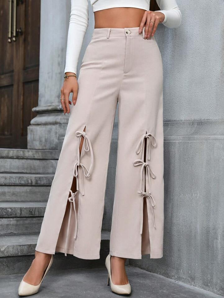 CM-BS405175 Women Casual Seoul Style Bowknot Decoration High Slit Wide Leg Pants - Apricot