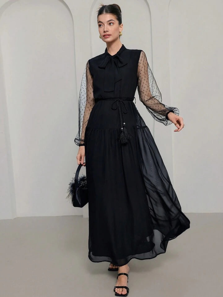 CM-DS100052 Women Elegant Seoul Style Patchwork Polka Dot Mesh Tassel Decor Bow Tie Detail Long Dress