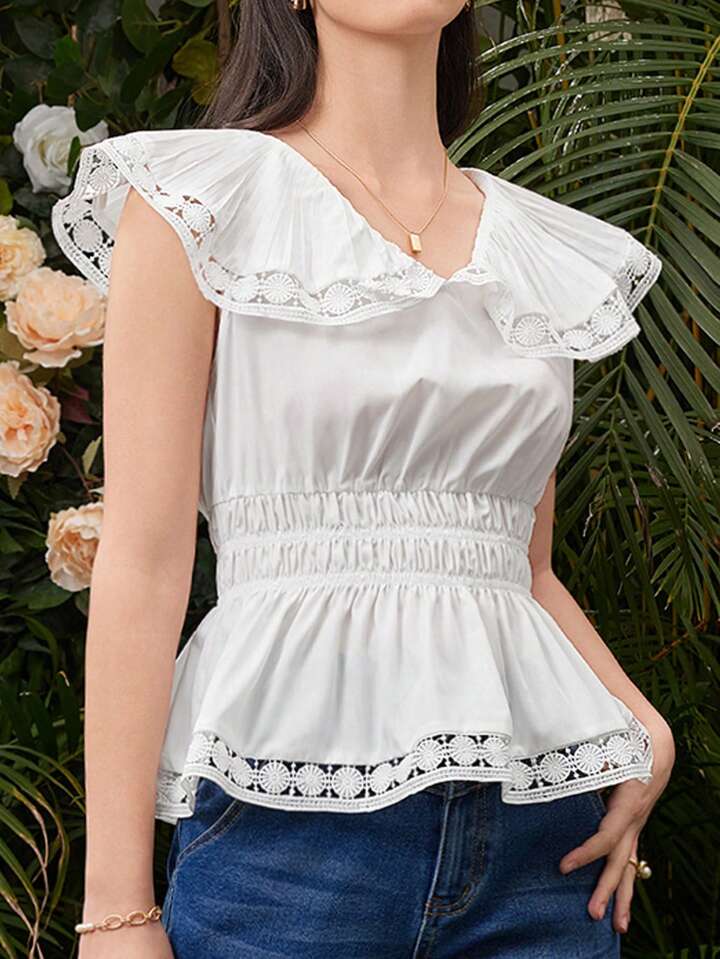 CM-TS505005 Women Casual Seoul Style Lace Patchwork Doll Collar Sleeveless Blouse - White