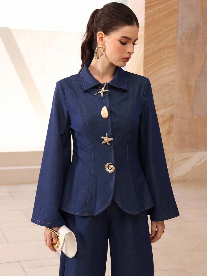 CM-SS555905 Women Elegant Seoul Style Metal Button Decor Long Sleeve Denim Top With High Waist Wide Leg Pants - Set