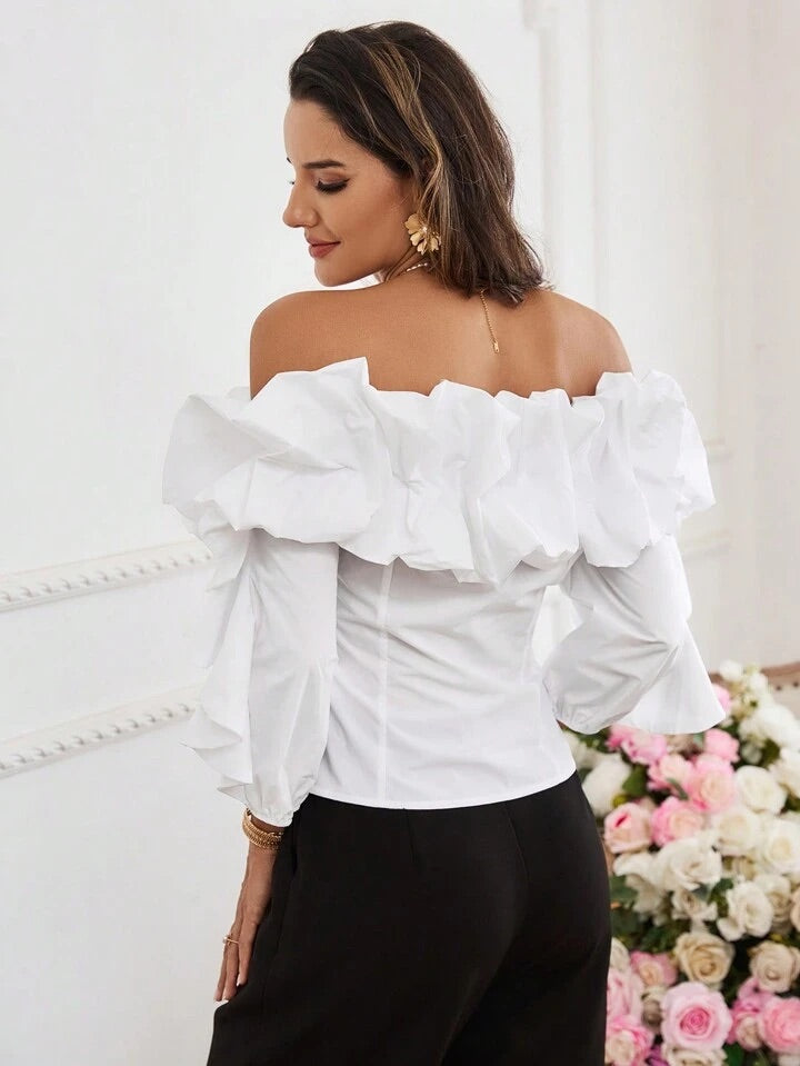 CM-TS435043 Women Elegant Seoul Style Off The Shoulder Exaggerated Ruffle Hem Shirt