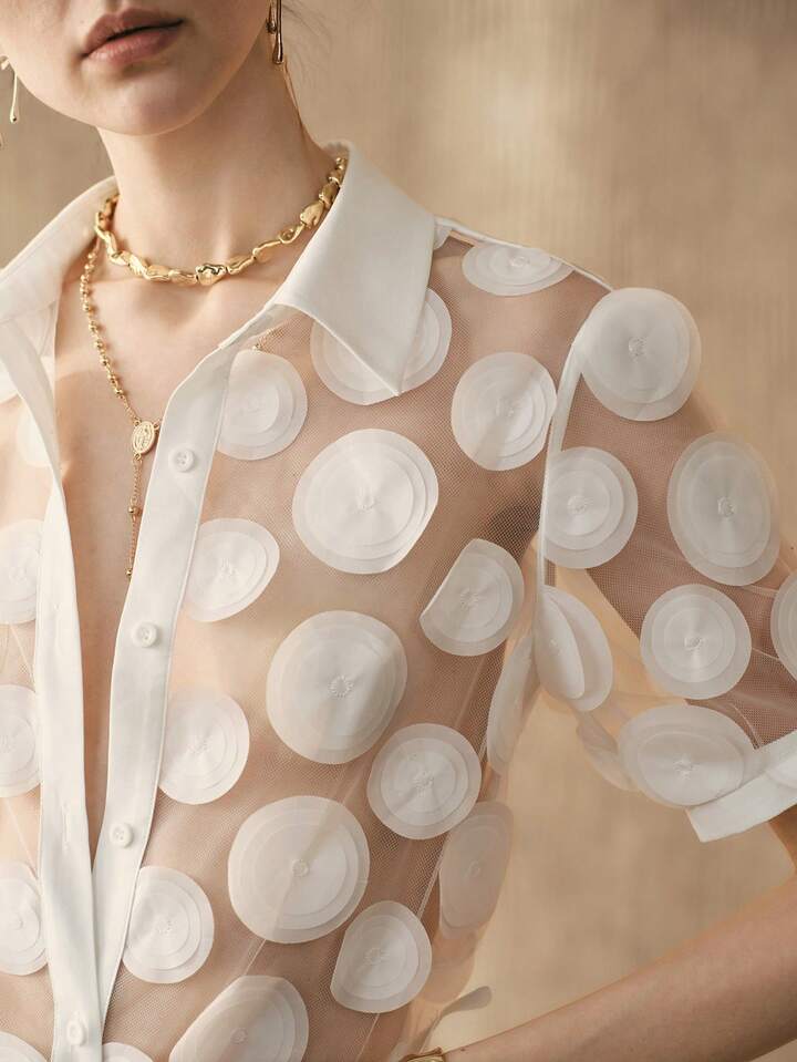 CM-TS247602 Women Elegant Seoul Style Mesh Floral Cutout Sheer Collar Neckline Short Sleeve Blouse - White