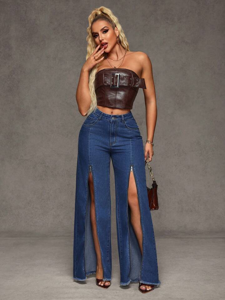 CM-BS131008 Women Casual Seoul Style Zipper Pocket Loose Wide Leg Jeans - Blue