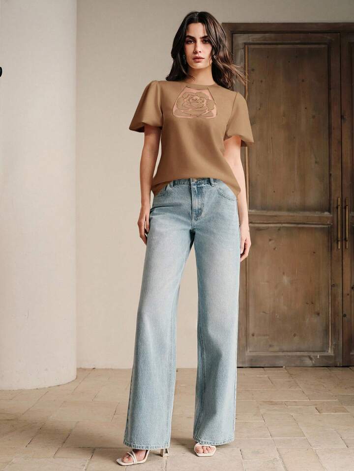 CM-TS128483 Women Elegant Seoul Style Embroidered Rose Round Neck Short Puff Sleeve T-Shirt - Coffee Brown