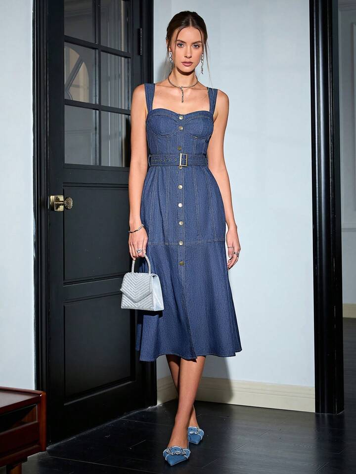 CM-DS979228 Women Elegant Seoul Style Front Button Mid-Length Mermaid Hem Cami Dress - Blue