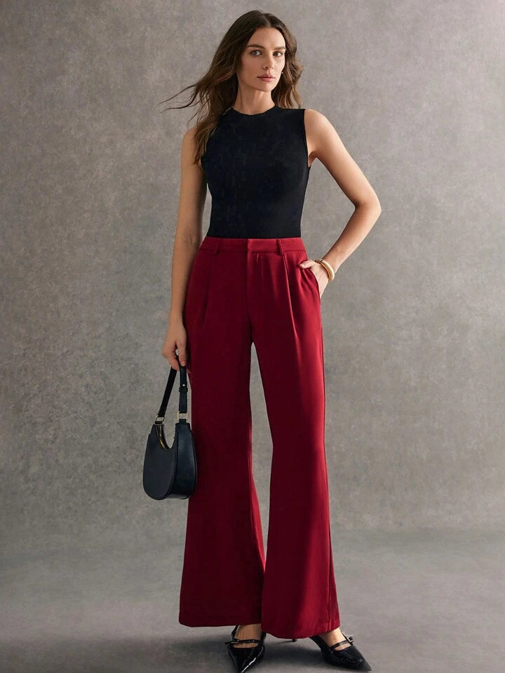 CM-BS561105 Women Elegant Seoul Style Solid Color Flare Leg Pocket Detail Long Pants - Burgundy