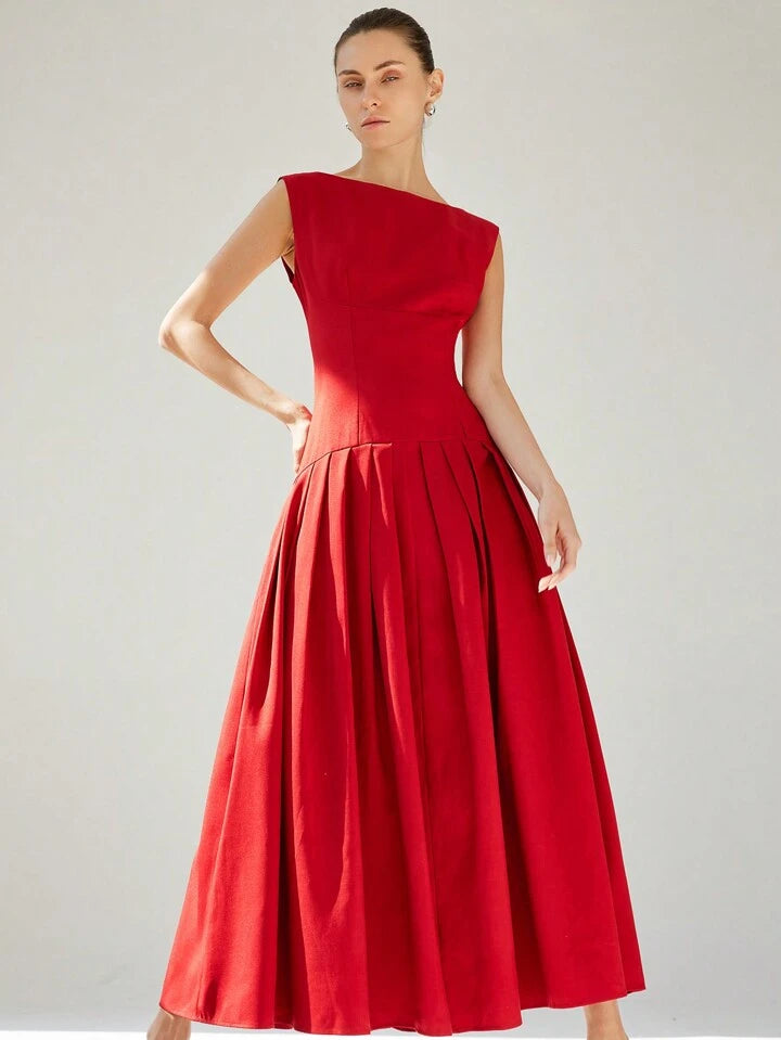CM-DS552576 Women Elegant Seoul Style Sleeveless Cinched Waist Low Waist Pleated Ruffle Hem Long Dress - Red