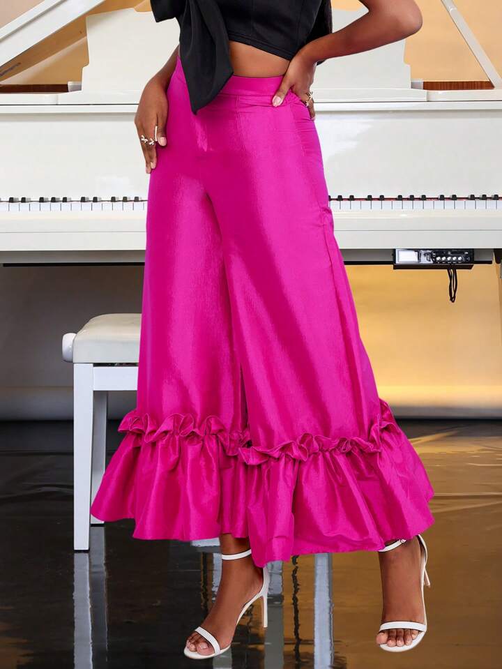 CM-BS639148 Women Elegant Seoul Style Bell Bottom Ruffle Trim Wide Leg Pants - Hot Pink