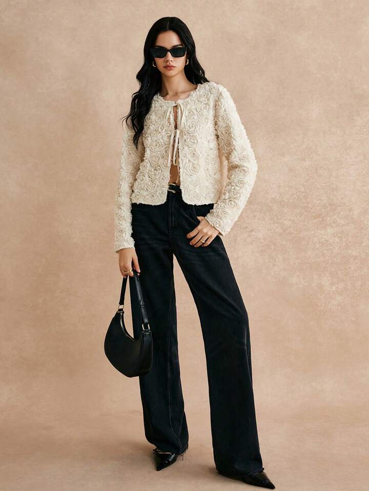 CM-CS312495 Women Elegant Seoul Style 3D Floral Lace-Up Placket Tie Front Long Sleeve Jacket